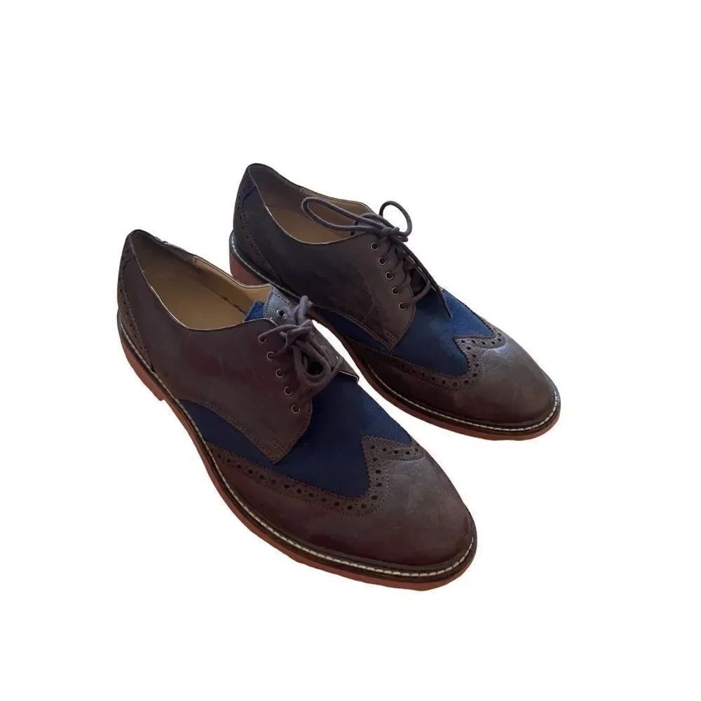 Cole Haan Mens Brown Blue Grand OS Leather Wingtip Oxfords DressโShoes Size 10.5
